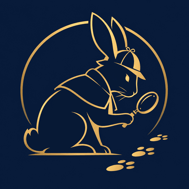 Chamy Lab logo: a rabbit in a detective cap holding a magnifying glass over paw prints, drawn in gold outline